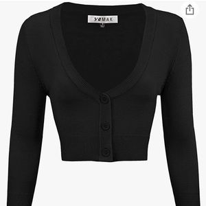 Black Cropped Cardigan— 3/4th Sleeve V-Neck, Size Small